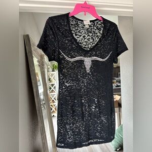Shyanne Black Lace Short Sleeve Burnout Tee with Longhorn Silver Embellishment